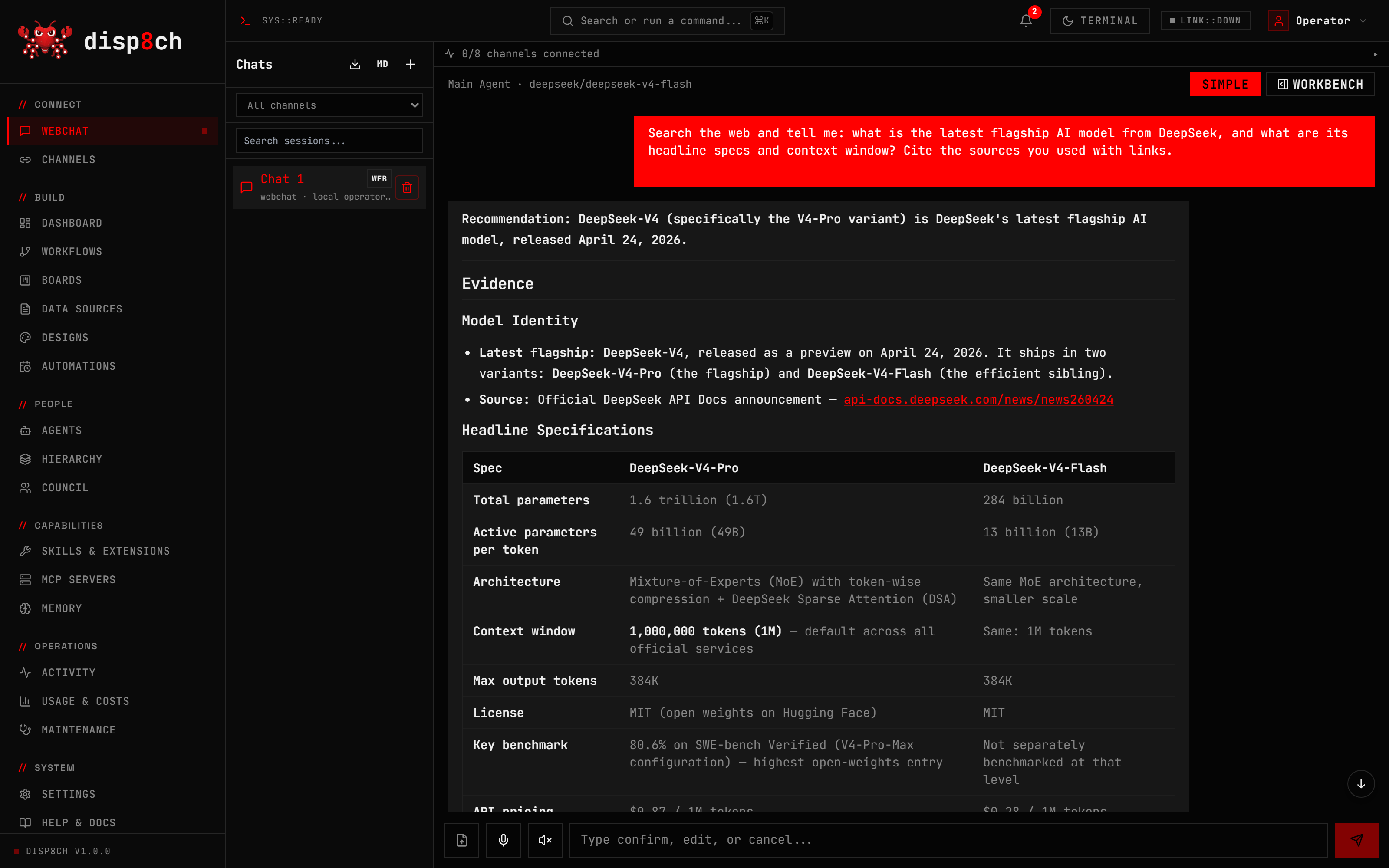 Disp8ch WebChat showing an assistant conversation with app actions and workspace context